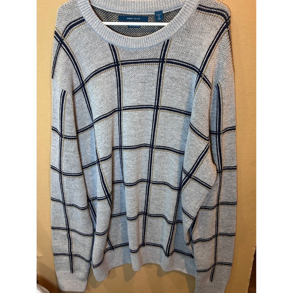 Perry Ellis Sweater Mens‎ 2X Gray Excellent Windowpane Plaid Crewneck Knit